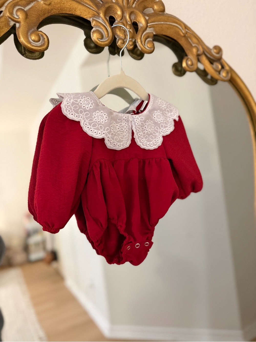 Red Baby Bubble Romper with White Eyelet Peter Pan Collar